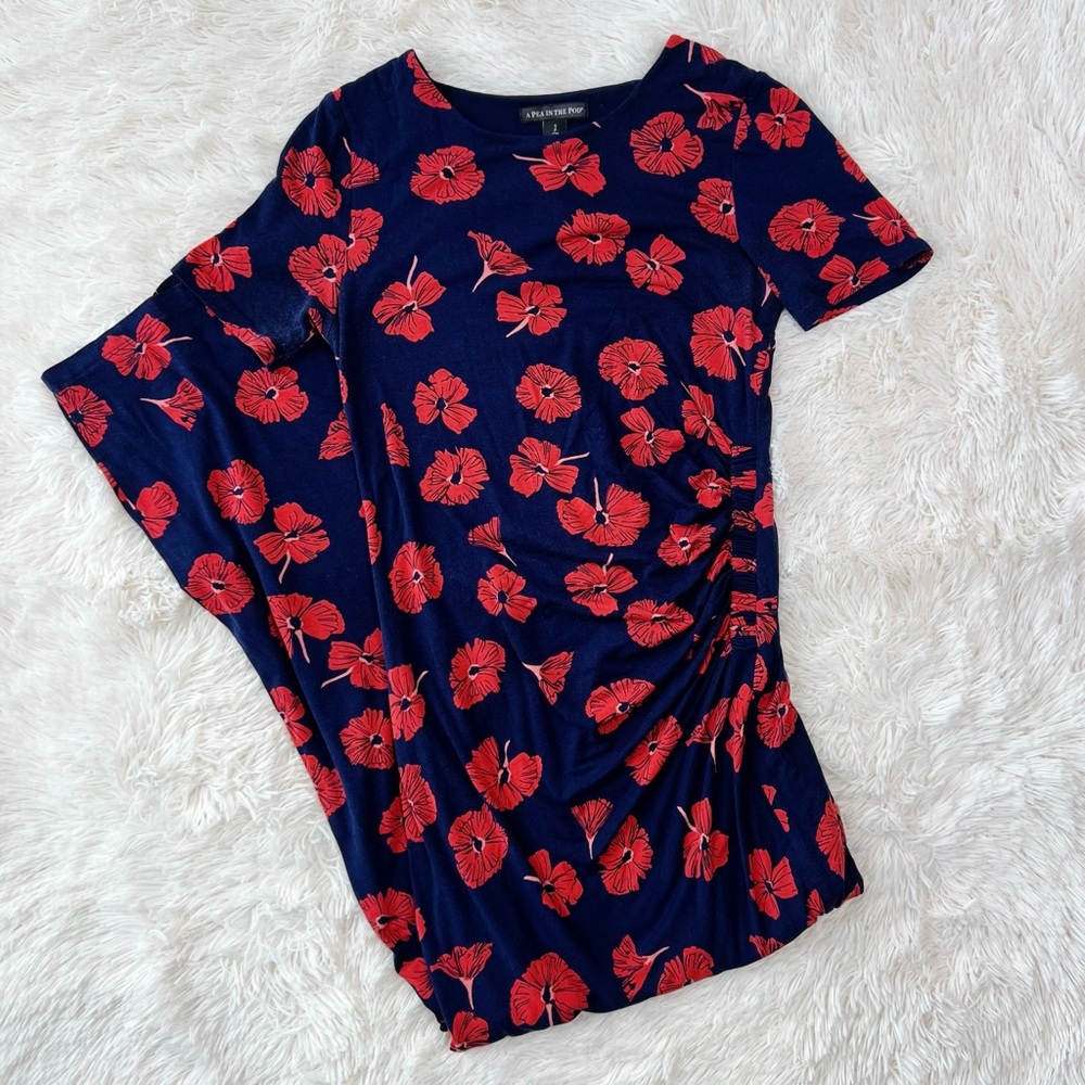 A Pea and a Pod maternity dress navy red floral column ruching side slit Sz S